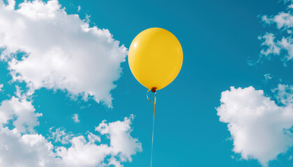 Bright yellow balloon floating against blue sky background with soft white cloud creating joyful holiday scene full of light and airy atmosphere