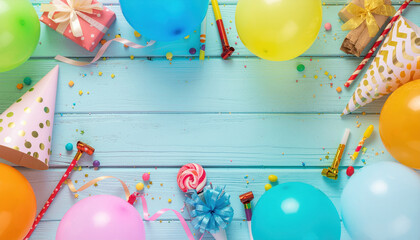 Colorful balloon background holiday party scene with gifts ribbon lollipop confetti and party hat creating joyful festive mood