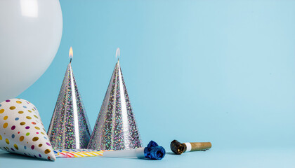Sparkling party hat background balloon holiday celebration with candles and no people in minimalist blue scene