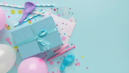 Blue gift box with ribbon background balloon holiday scene with confetti pastel party decorations and greeting envelope creating joyful festive mood