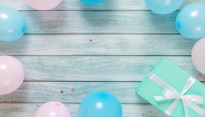 Pastel balloon holiday background with wooden board and wrapped gift creating cheerful festive scene full of soft color and joyful atmosphere