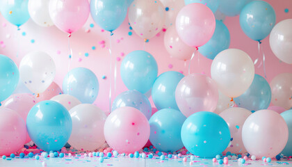 Pastel balloon background holiday scene with pink blue and white balloons scattered on floor and floating against soft pink wall evoking joyful celebration and playful confetti