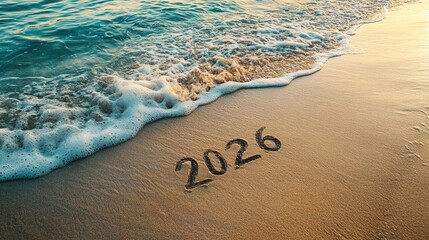 Number 2026 drawn in wet sand, shoreline, diagonal gentle sea waves approaching, minimal tropical beach aesthetic. travel ads, resort, marketing campaign, tropical getaway, tourims, new year promotion
