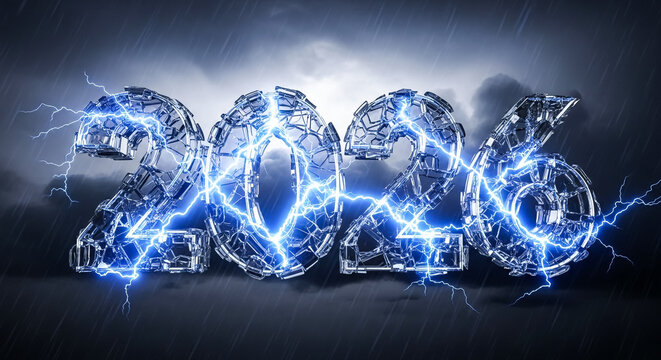 2026 year design with lightning strikes effect against a stormy sky background on transparent background