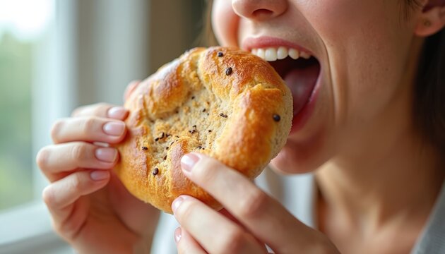 Woman takes bite of fresh bread roll. Person enjoys eating baked food. Close up of mouth with food. Healthy snack at breakfast. Delicious crusty bakery.