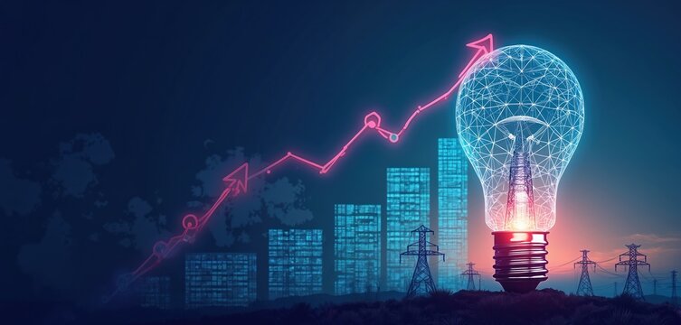 Light bulb with rising arrow graph and power lines. Shows energy industry growth or rising electricity costs. Represents global energy crisis and inflation.