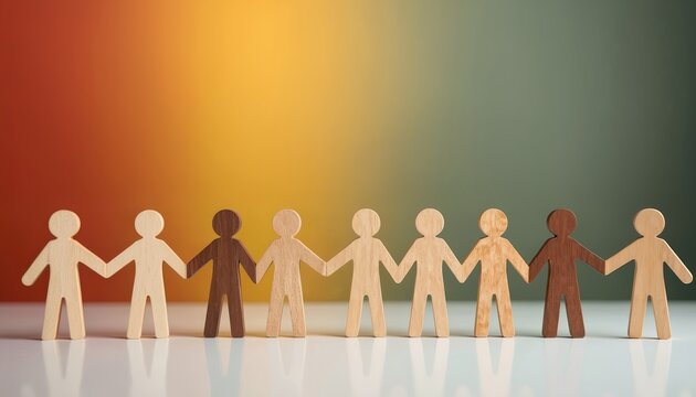 Wooden figures of diverse people holding hands together on white surface. The concept is about teamwork equality and inclusion. This photo symbolizes unity solidarity and community.