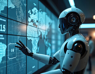 Robot analyzes global climate data on huge digital screen. Machine learning maps weather patterns for future environmental forecast. Sci fi tech studies world data, AI assistance helps research eco