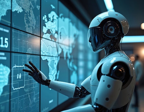 Robot analyzes global climate data on huge digital screen. Machine learning maps weather patterns for future environmental forecast. Sci fi tech studies world data, AI assistance helps research eco