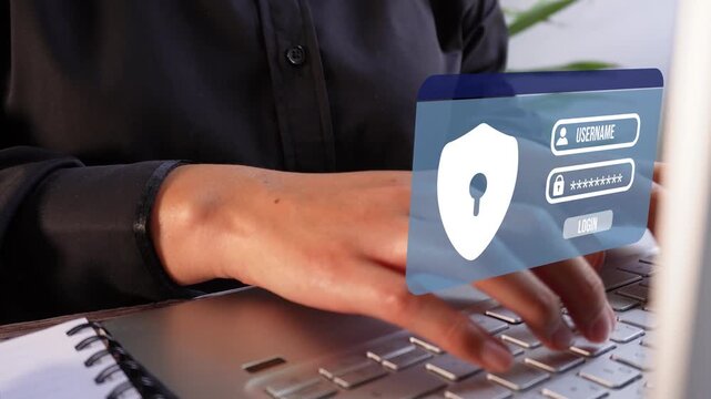 Close-up of a businesswoman's hands working on her computer with a secure login animation.