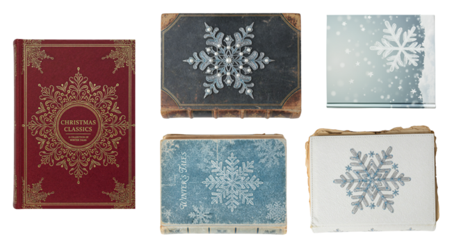 Set of books with snowflake covers, isolated
