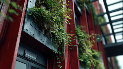 Vertical garden graces a modern building. Lush greenery contrasts sharply with the steel and glass of the structure's facade.