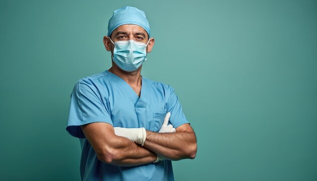 Serious man doctor in blue surgical uniform with mask. Healthcare pro with folded arms poses for photo in studio. Medic wearing cap gloves looks at camera.