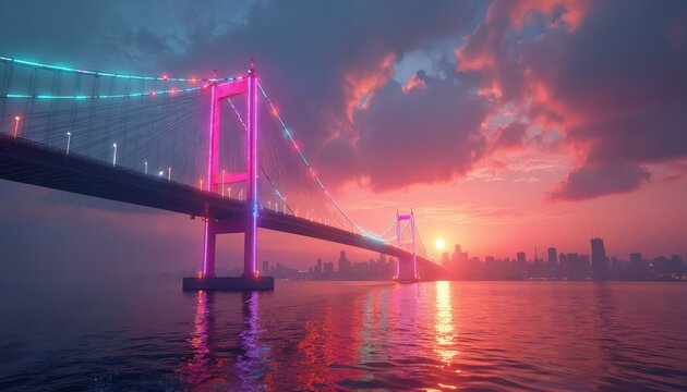 Dramatic sunset over modern bridge reflecting vibrant pink, blue lights. City skyline glows in distance, creating ethereal atmosphere. Image evokes futuristic urban landscapes, technological