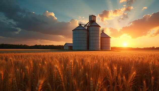 Large metal grain silos stand tall in vast ripe wheat field at sunset. Golden sun sets low over farm land, casting warm light on harvest crop. Modern agribusiness storage structures dot rural