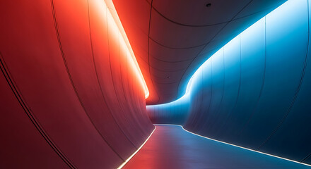 A futuristic curved hallway with vibrant red and blue neon lights creating a dynamic and flowing interior architectural concept