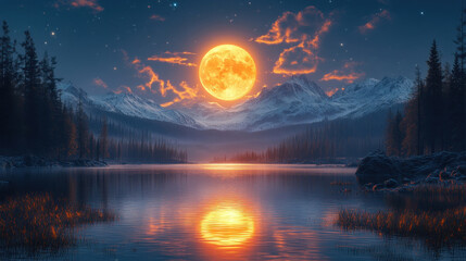 A captivating fantasy landscape with a bright full moon rising over snow-capped mountain peaks.  