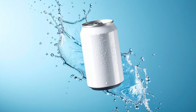 White soda can mockup with water splash product photography on blue background floating in the air