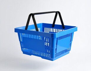 Fototapeta premium Blue shopping basket in air on white background