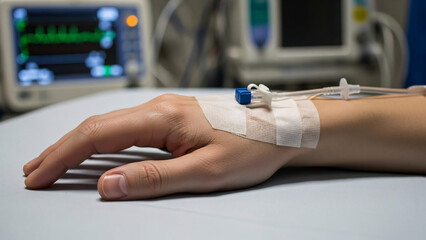 Patient receiving intravenous fluids in hospital room for medical treatment, offering hope and healing during recovery process