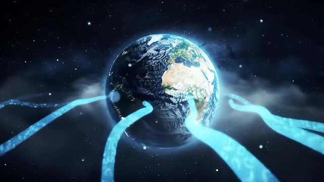 A Vibrant Cosmic Artwork Showing Earth Encircled by Glowing Blue Ribbons in Space