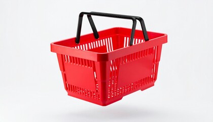 Fototapeta premium Red shopping basket in air on white background