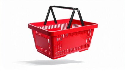 Fototapeta premium Red shopping basket in air on white background