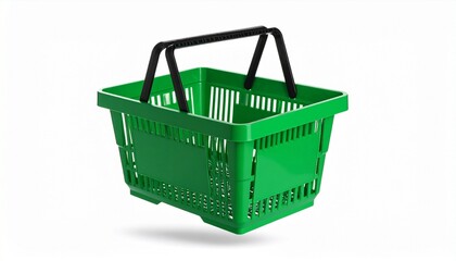 Fototapeta premium Green shopping basket in air on white background