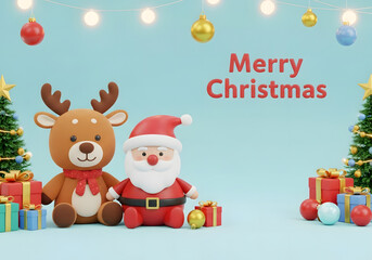 Fototapeta premium Bright Blue Christmas Background with Santa, Reindeer, and Sparkling Trees