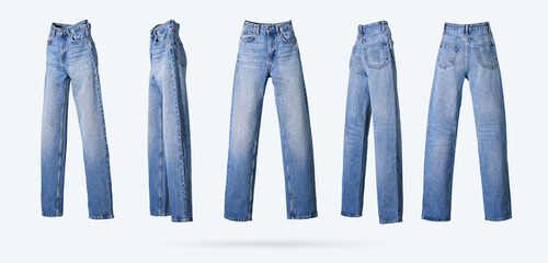 Blue straight women jeans isolated from different sides on white background. Concept of trendy denim clothing, modern female garment. Stylish casual attire. Template for design. Banner