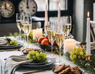 New Year&rsquo;s Toast with Champagne Glasses and Clock Striking Midnight