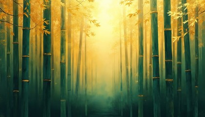 Obraz premium Dense green bamboo forest with golden yellow light shining through leaves and mist. Tall bamboo stalks create a natural pathway in a serene woodland setting.