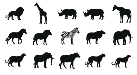 Fototapeta premium Majestic African safari animals presented as a striking silhouette collection for wildlife themes.
