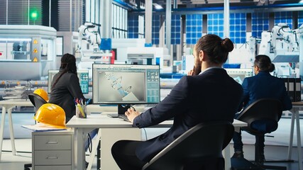 Engineer entering photovoltaics factory office producing renewable energy solar cells to diagnose...