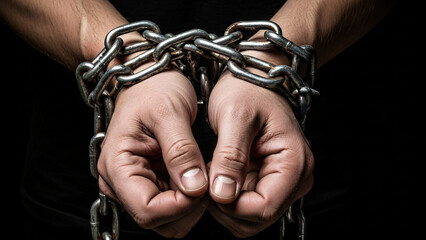 Powerful hands bound by heavy metal chains evoke themes of captivity, restriction, and struggle for freedom, perfect for impactful visuals