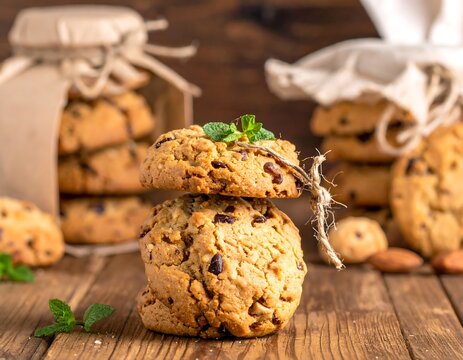 Freshly baked chocolate chip cookies stacked, with mint garnish