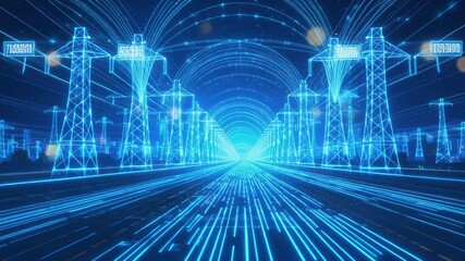 Futuristic landscape showcasing high voltage power towers illuminated in blue, creating dynamic energy flow and advanced technology connectivity along digital highway