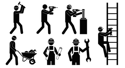 Construction workers team performing diverse tasks and jobs, professional and skilled