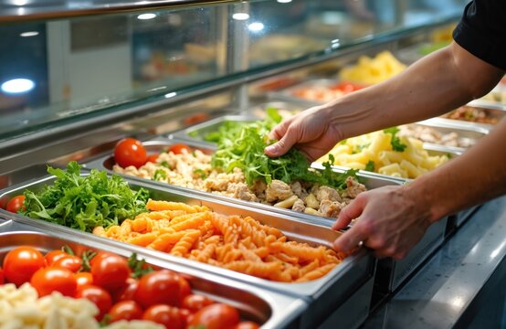 Person selects fresh greens from buffet serving bar with variety of healthy food options. Colorful pasta tomatoes and chicken displayed in metal trays for customers to choose.