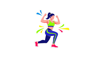 A colorful, minimalist illustration of a woman in workout attire doing a lunge with burst effects