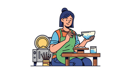 Illustration depicts a person painting a bowl with watercolor. Art studio equipment in the background