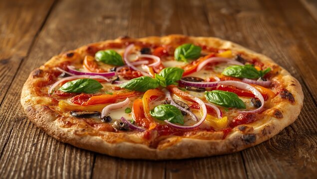 Freshly baked, crispy pizza topped with melted mozzarella cheese, mushrooms, onions, bell peppers and fresh basil leaves, served on a rustic wooden table - Powered by Adobe