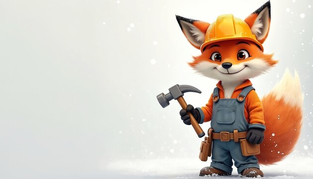 Charming cartoon fox wearing orange hard hat construction worker outfit holding hammer. Friendly animal character illustration builder design on white background. Cute fox illustration.