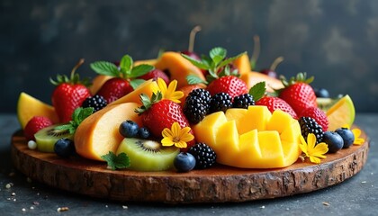 Assortment of fresh fruits on a wooden tray. Strawberries blueberries blackberries kiwi mangoes melon are arranged. Vibrant colors promote healthy eating. Delicious breakfast or dessert photo.