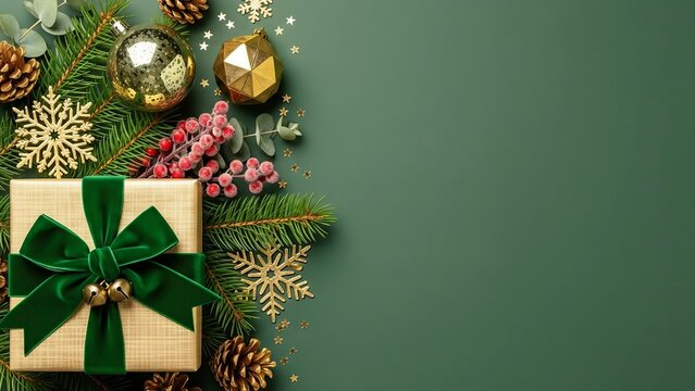 Festive christmas flat lay with a beautifully wrapped gift box, green fir branches, golden ornaments, pine cones, and sparkling snowflakes on a rich emerald green background, ideal for holiday.