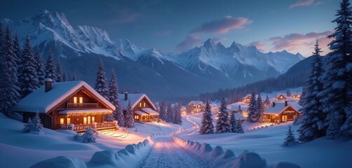 Snowy mountain village at night with warm lights from houses and festive strings. Tall pine trees covered in snow line pathways. Majestic peaks loom under a starry sky.