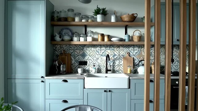 Bright blue kitchen with open wooden shelves, patterned tile backsplash, and a slatted wooden divider