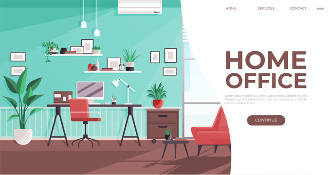 Remote work, productivity, workspace design, home decor, virtual meetings, interior planning. Stylish home office with desk, chair bookshelves and plants. Remote work and productivity inspiration