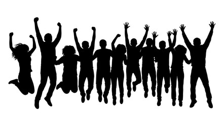 Celebrating team success, group jumping with joy, energetic teamwork and achievement