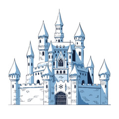 Ice castle with towers and walls in blue colors depicting winter scene  